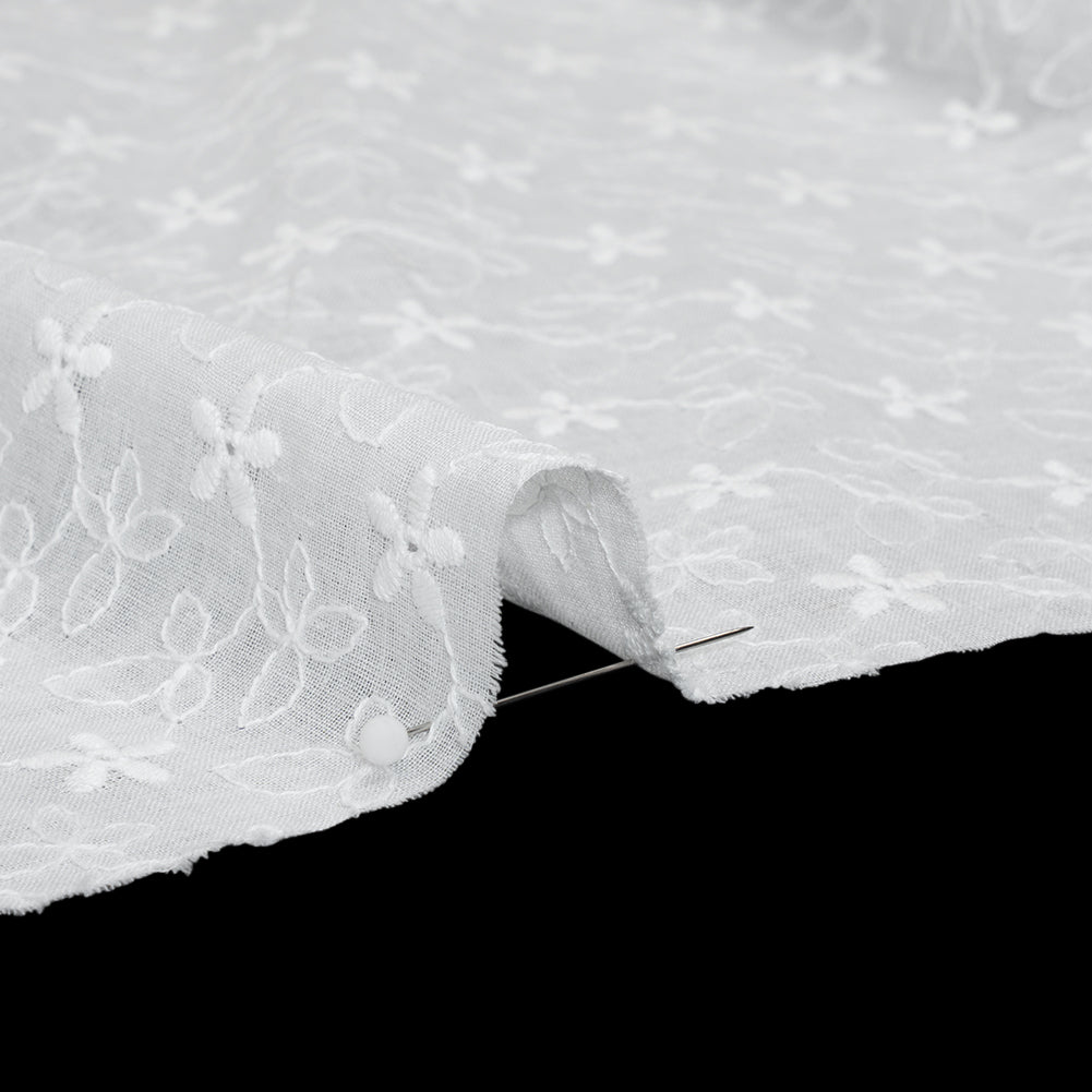 Embroidered Eyelet Cotton Voile - White Daisies and Leaves - Naomi Collection