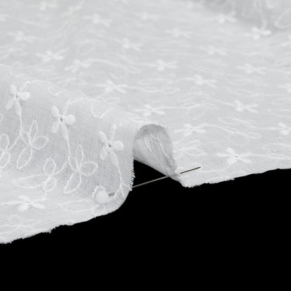 Embroidered Eyelet Cotton Voile - White Daisies and Leaves - Naomi Collection