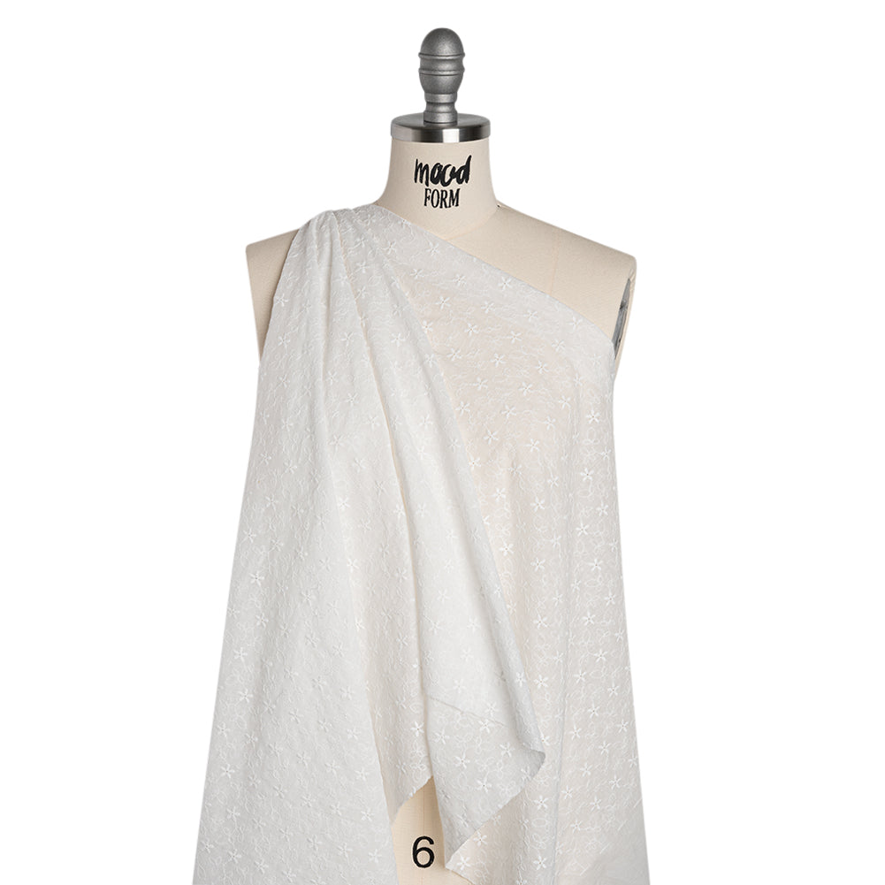 Embroidered Eyelet Cotton Voile - White Daisies and Leaves - Naomi Collection