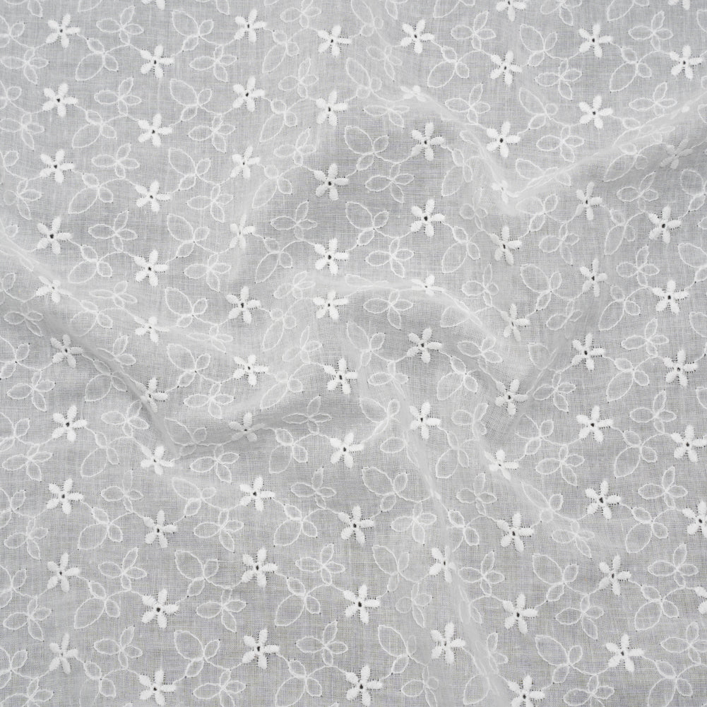Embroidered Eyelet Cotton Voile - White Daisies and Leaves - Naomi Collection
