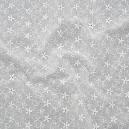 Embroidered Eyelet Cotton Voile - White Daisies and Leaves - Naomi Collection