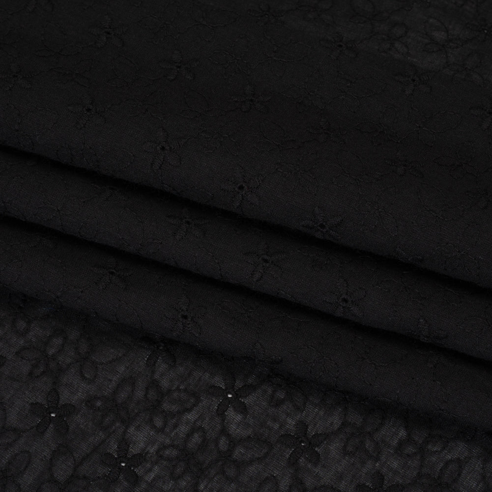 Embroidered Eyelet Cotton Voile - Black Daisies and Leaves - Naomi Collection - Folded