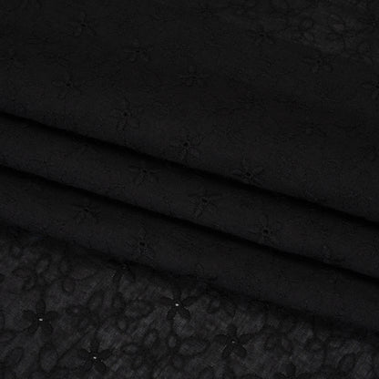Embroidered Eyelet Cotton Voile - Black Daisies and Leaves - Naomi Collection