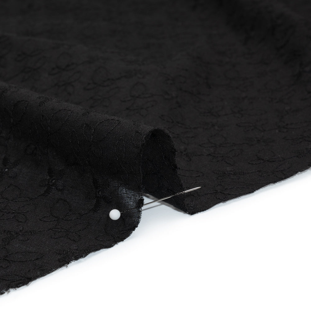 Embroidered Eyelet Cotton Voile - Black Daisies and Leaves - Naomi Collection - Detail