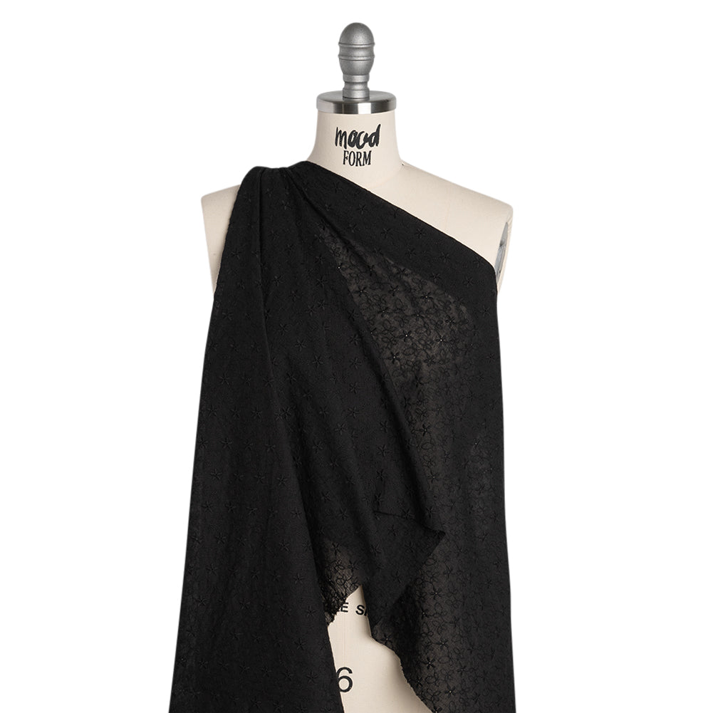 Embroidered Eyelet Cotton Voile - Black Daisies and Leaves - Naomi Collection - Drape