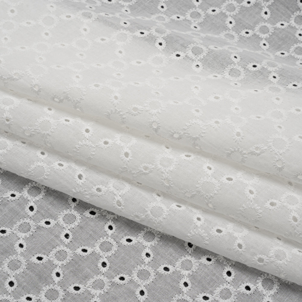 Embroidered Eyelet Cotton Voile - White Rings and Lattices - Naomi Collection