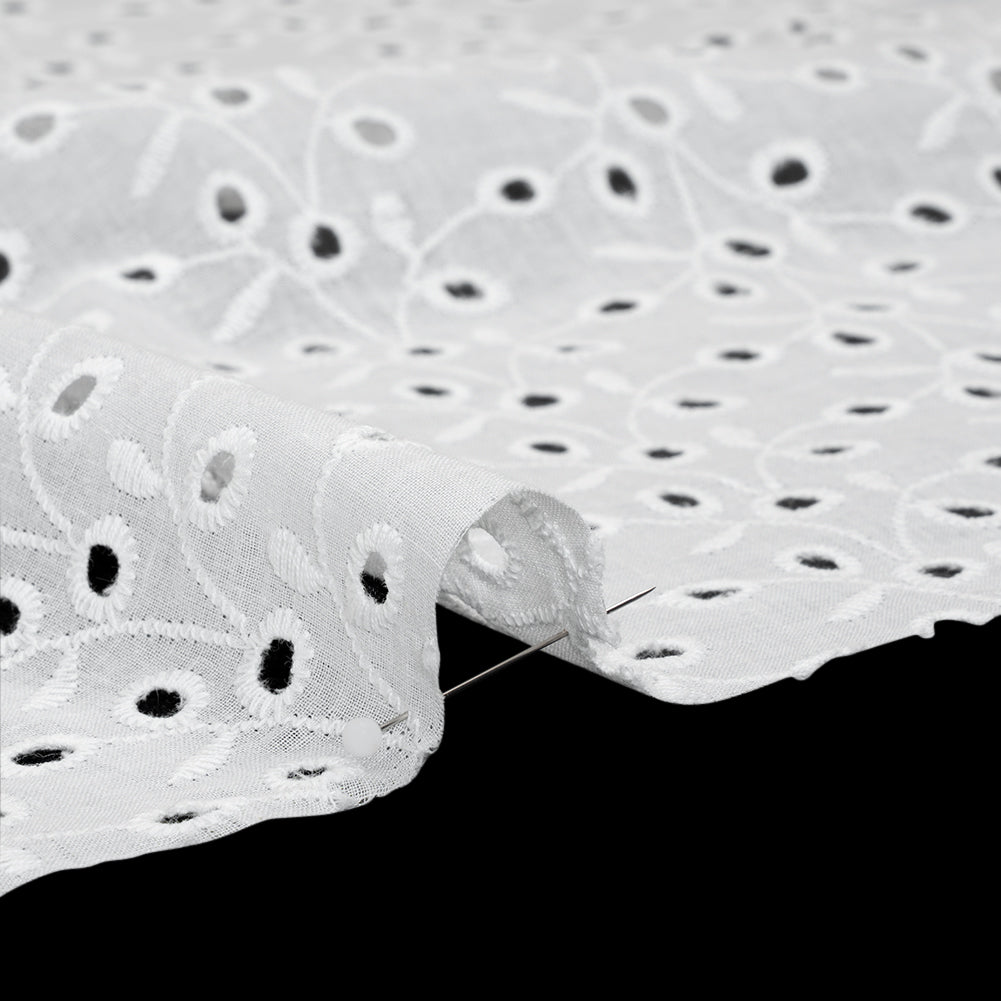 Embroidered Eyelet Cotton Voile - White Leafy Vines - Naomi Collection