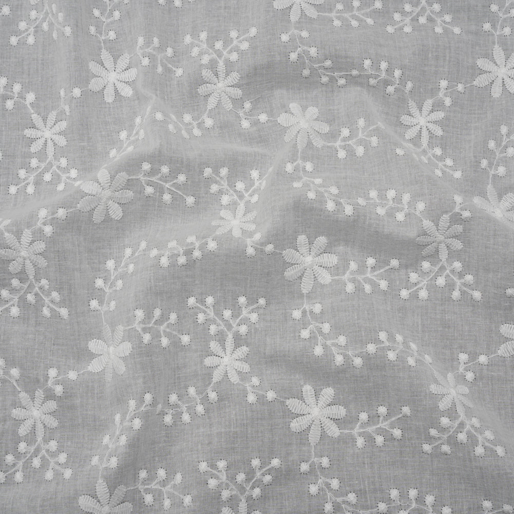 Embroidered Eyelet Cotton Voile - White Flowers on Branches - Naomi Collection