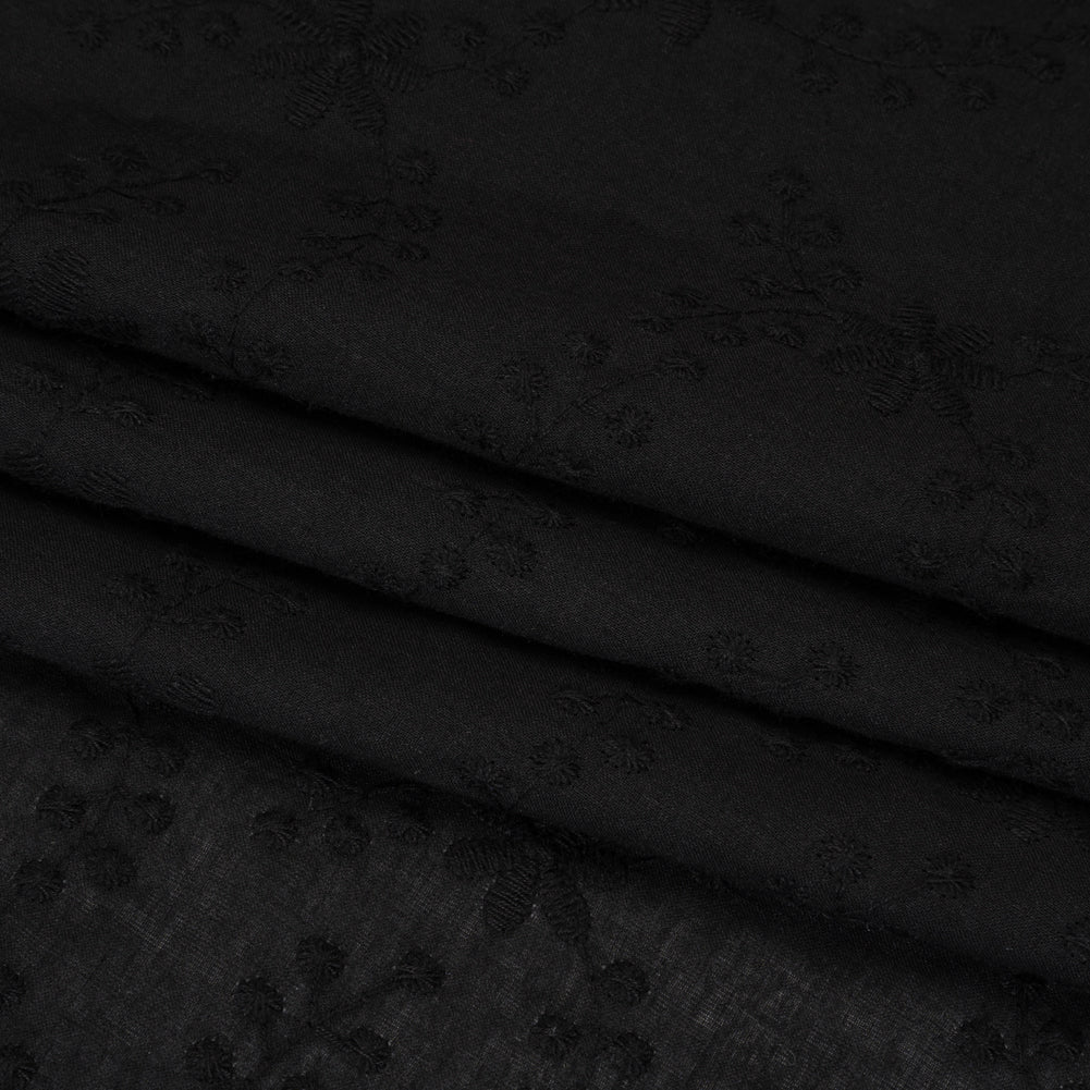 Embroidered Eyelet Cotton Voile - Black Flowers on Branches - Naomi Collection - Folded
