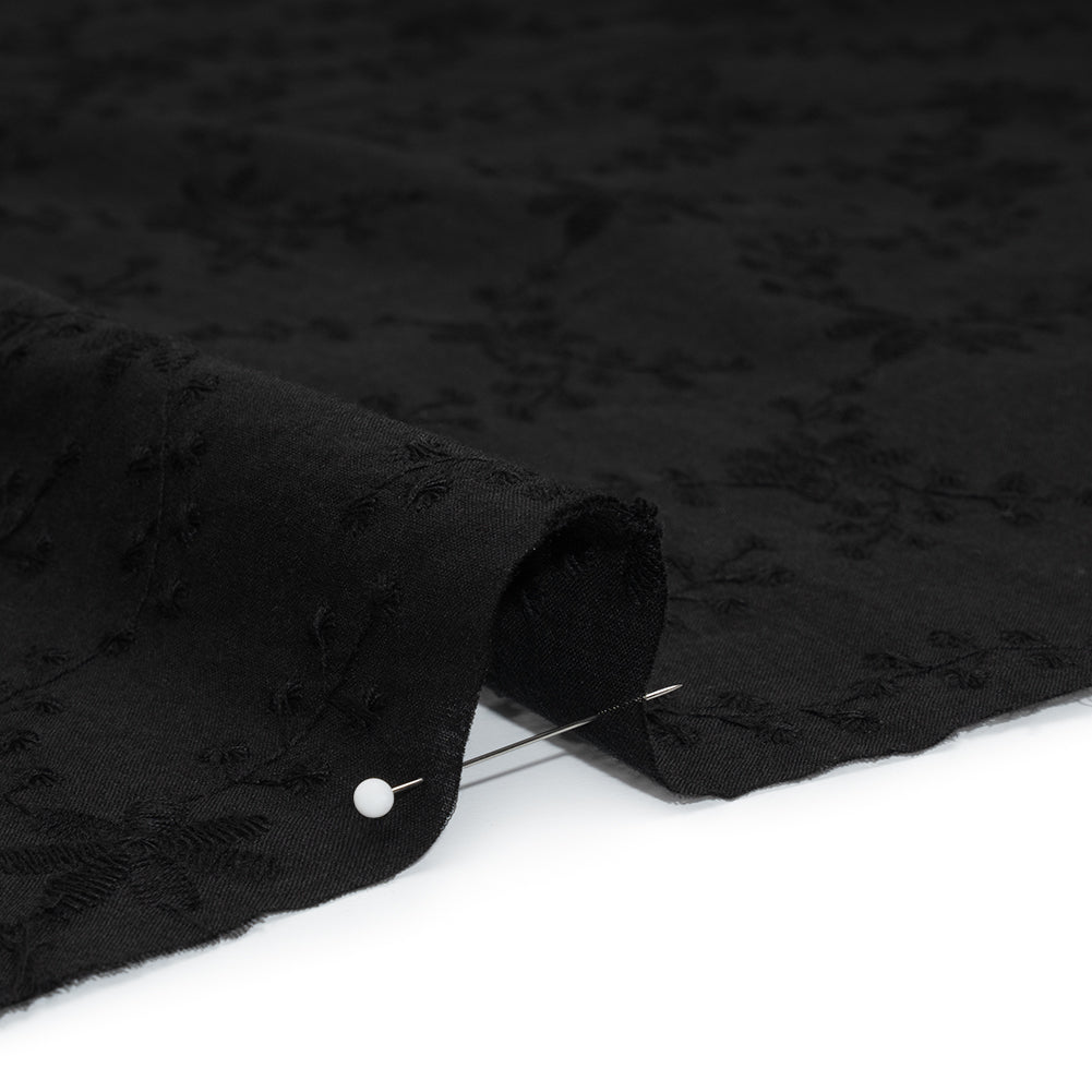 Embroidered Eyelet Cotton Voile - Black Flowers on Branches - Naomi Collection - Detail