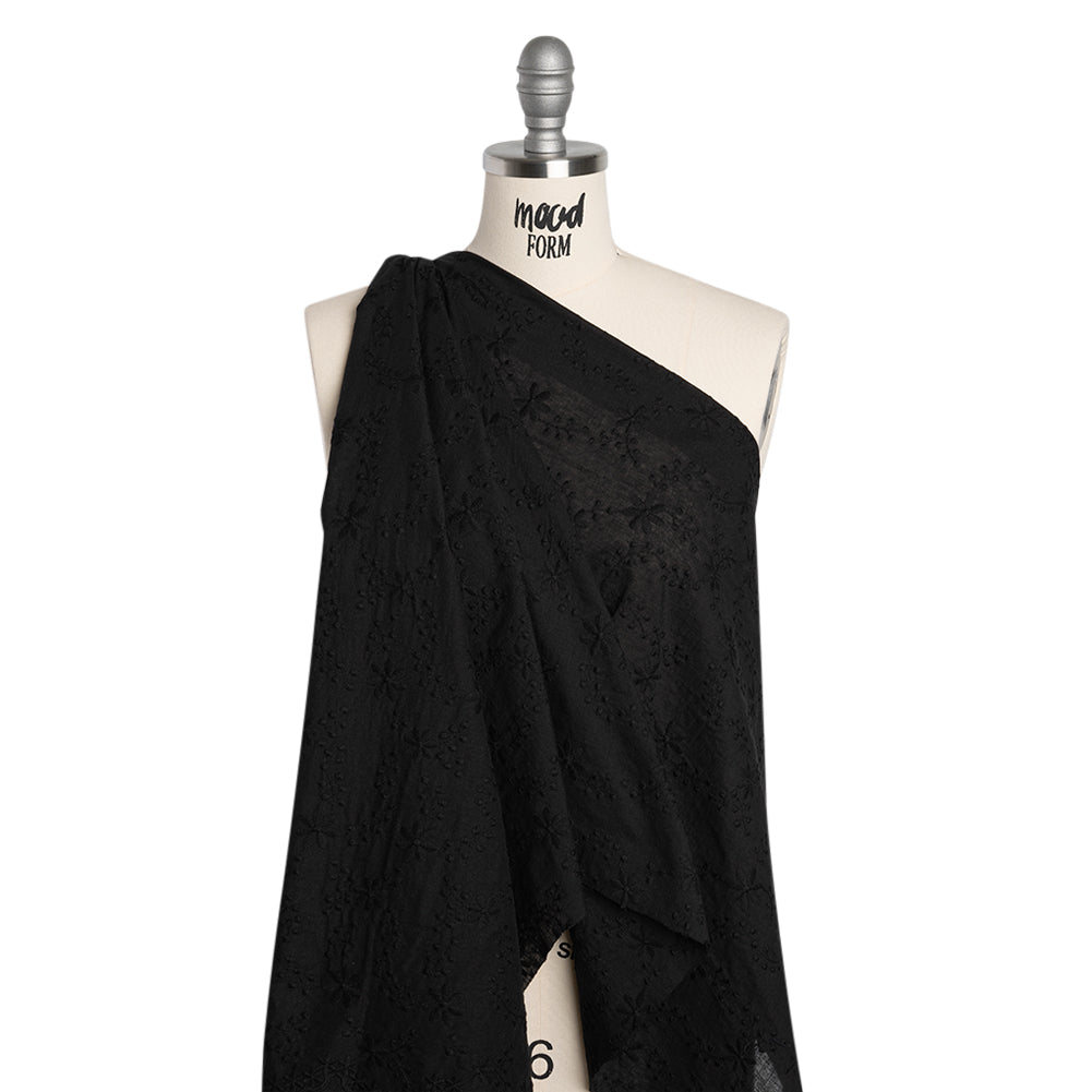 Embroidered Eyelet Cotton Voile - Black Flowers on Branches - Naomi Collection - Drape