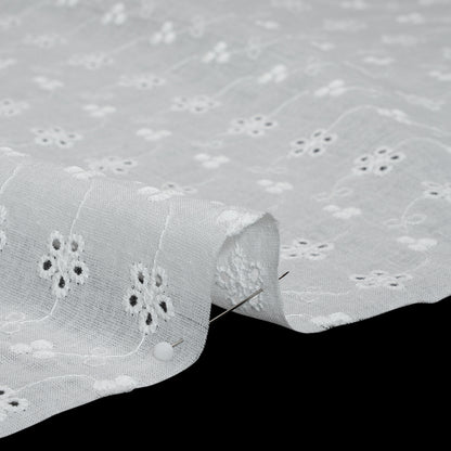 Embroidered Eyelet Cotton Voile - White Wavy Daisy Vines - Naomi Collection