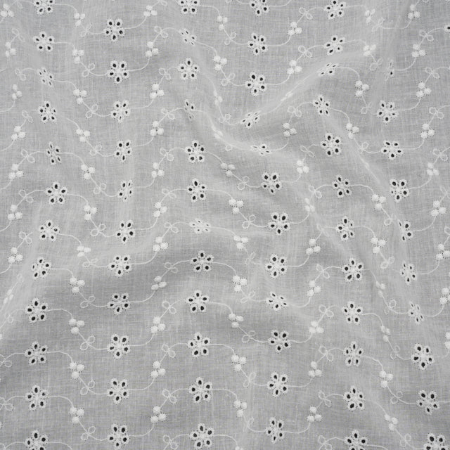 Embroidered Eyelet Cotton Voile - White Wavy Daisy Vines - Naomi Collection
