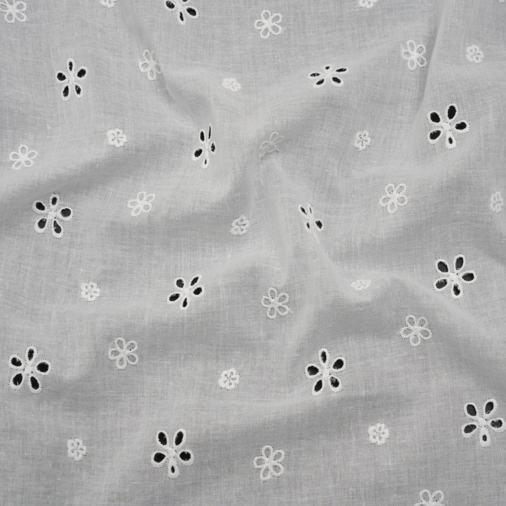 Embroidered Eyelet Cotton Voile - White Floating Flowers - Naomi Collection