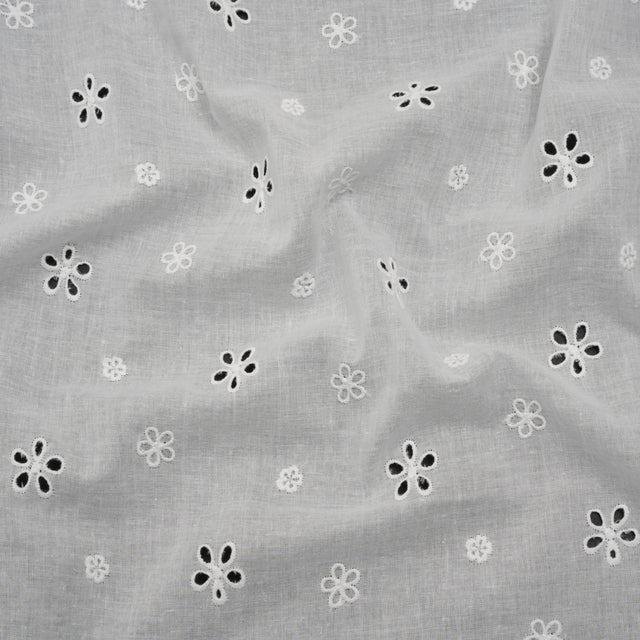 Embroidered Eyelet Cotton Voile - White Floating Flowers - Naomi Collection