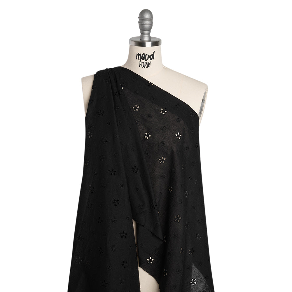 Embroidered Eyelet Cotton Voile - Black Floating Flowers - Naomi Collection - Drape