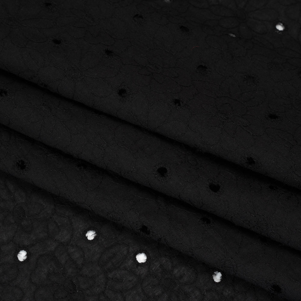 Embroidered Eyelet Cotton Voile - Black Field of Flowers - Naomi Collection - Folded