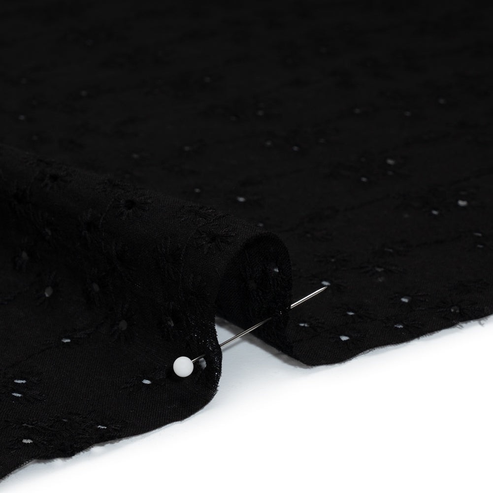 Embroidered Eyelet Cotton Voile - Black Dainty Flower Vines - Naomi Collection