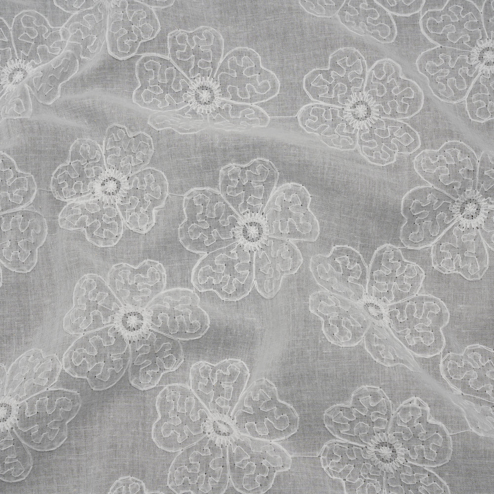 Embroidered Eyelet Cotton Voile - White Big Tossed Flowers - Naomi Collection