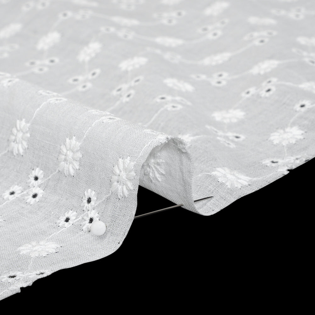 Embroidered Eyelet Cotton Voile - White Little Flowers on Vines - Naomi Collection