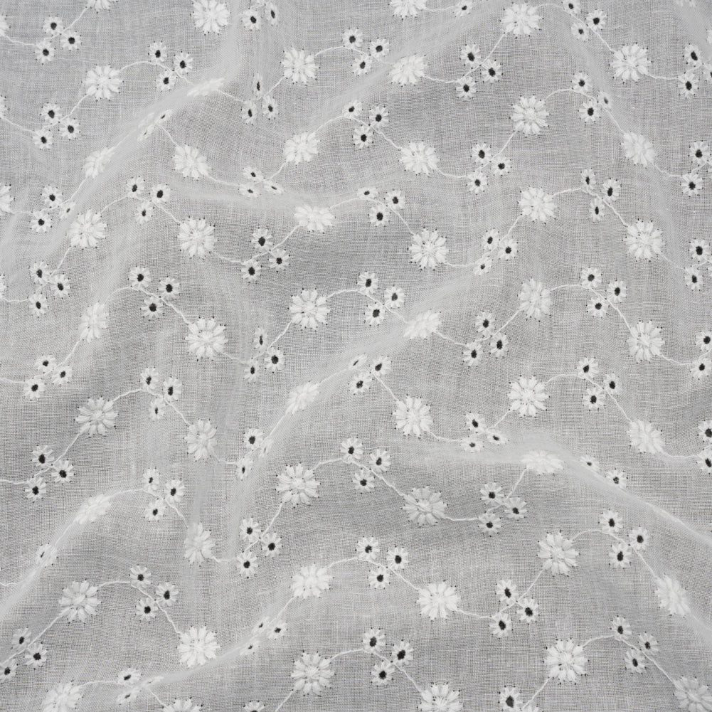 Embroidered Eyelet Cotton Voile - White Little Flowers on Vines - Naomi Collection
