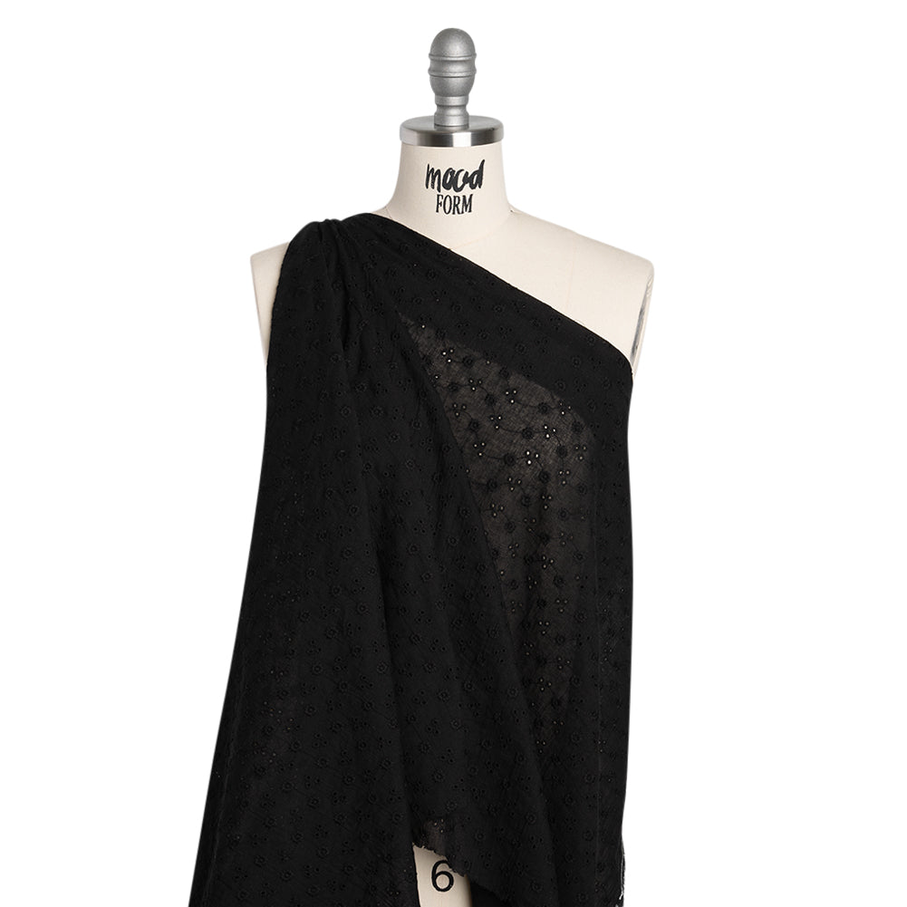 Embroidered Eyelet Cotton Voile - Black Little Flowers on Vines - Naomi Collection