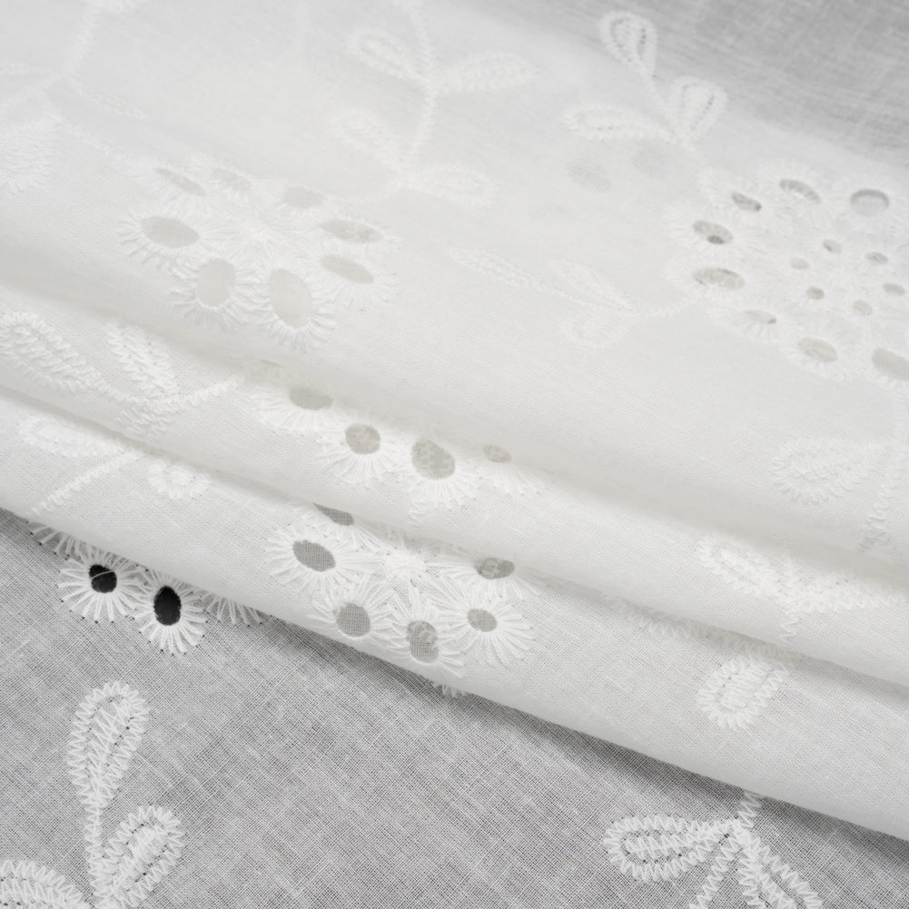 Embroidered Eyelet Cotton Voile - White Big Flowering Vines - Naomi Collection