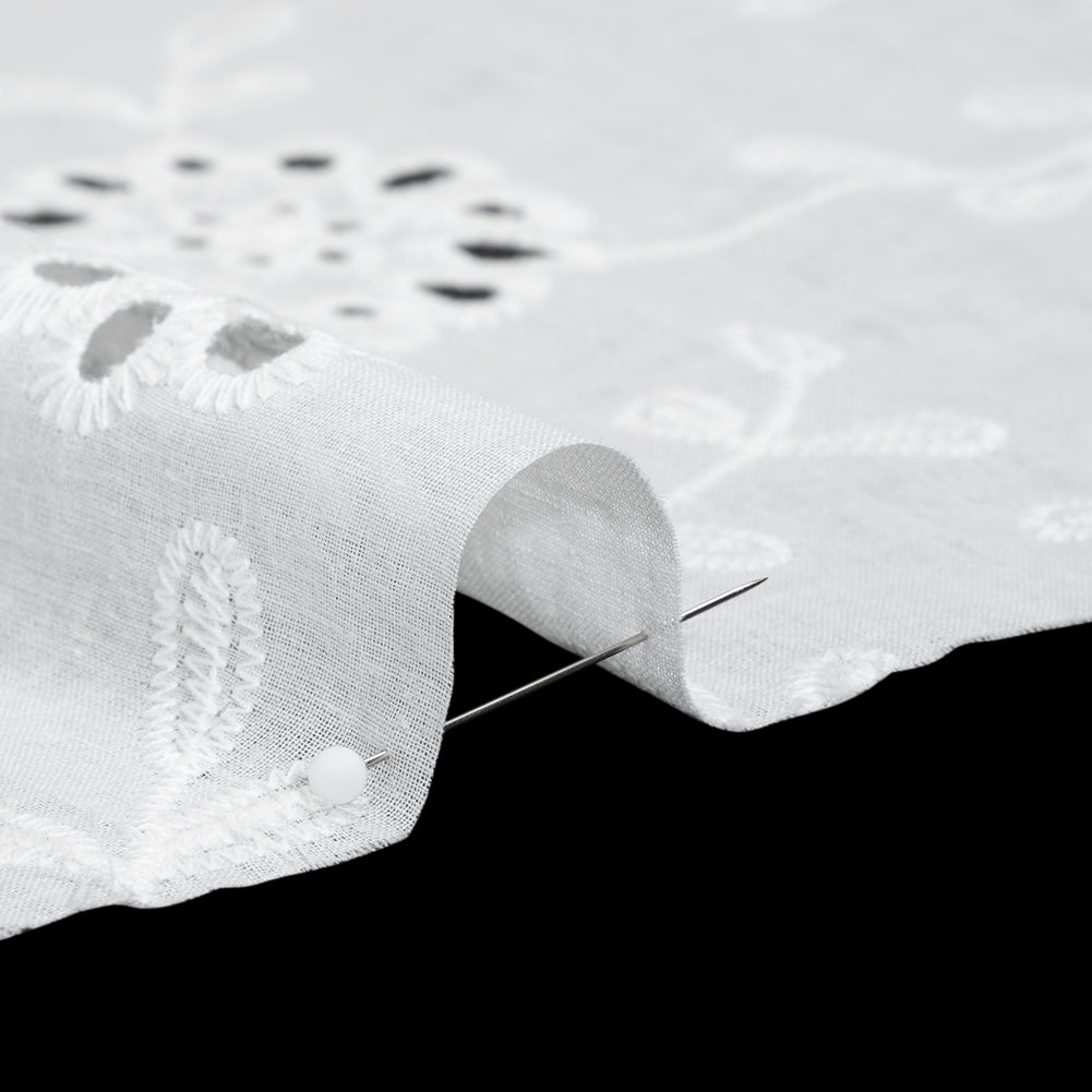Embroidered Eyelet Cotton Voile - White Big Flowering Vines - Naomi Collection