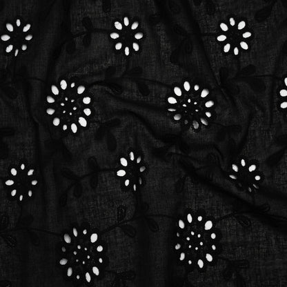 Embroidered Eyelet Cotton Voile - Black Big Flowering Vines - Naomi Collection