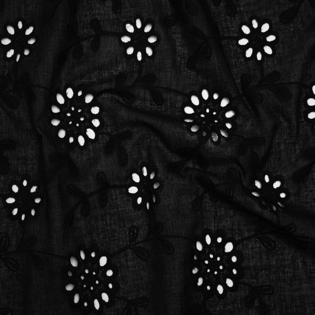 Embroidered Eyelet Cotton Voile - Black Big Flowering Vines - Naomi Collection