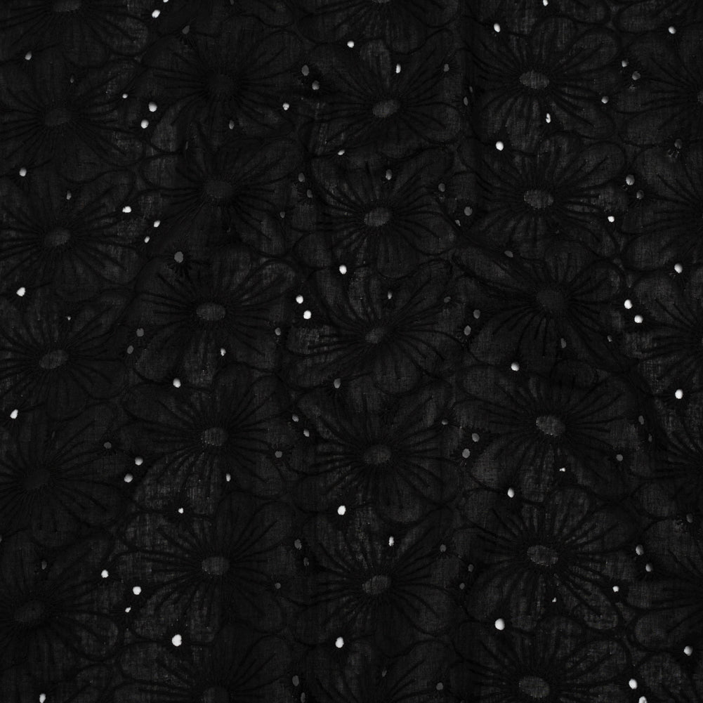 Embroidered Eyelet Cotton Voile - Black All-Over Flowers - Naomi Collection