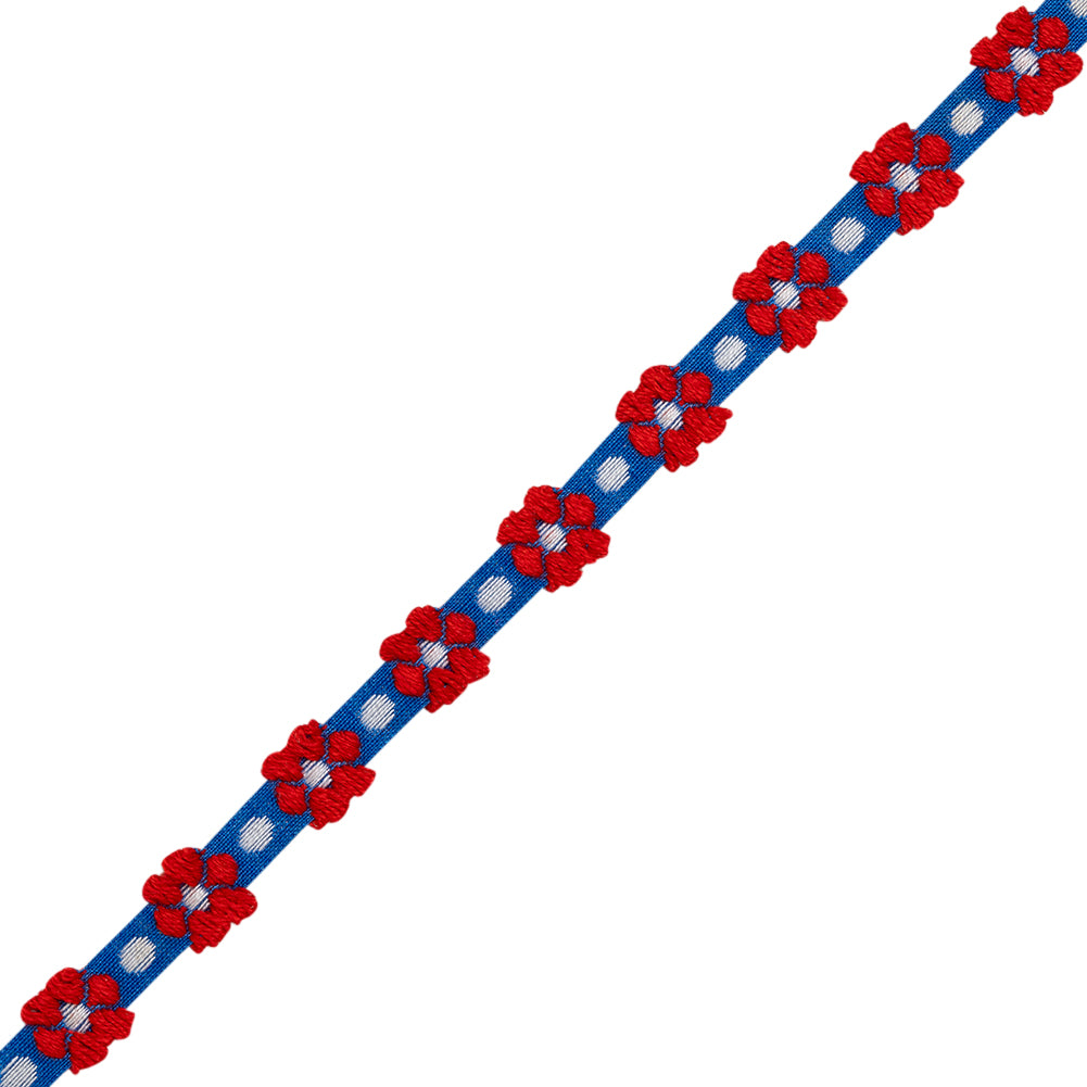 Cotton Jacquard Ribbon - 0.375" - Blue, Red and White Daisies and Dots - Folded