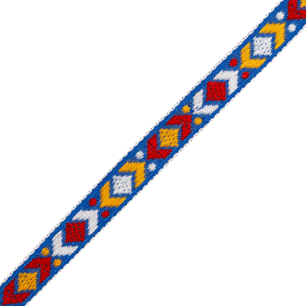 Cotton Jacquard Ribbon - 0.375" - Red, Yellow and Blue Diamond Geometric