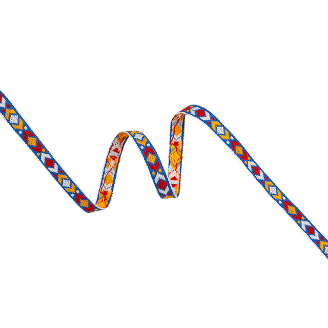 Cotton Jacquard Ribbon - 0.375" - Red, Yellow and Blue Diamond Geometric