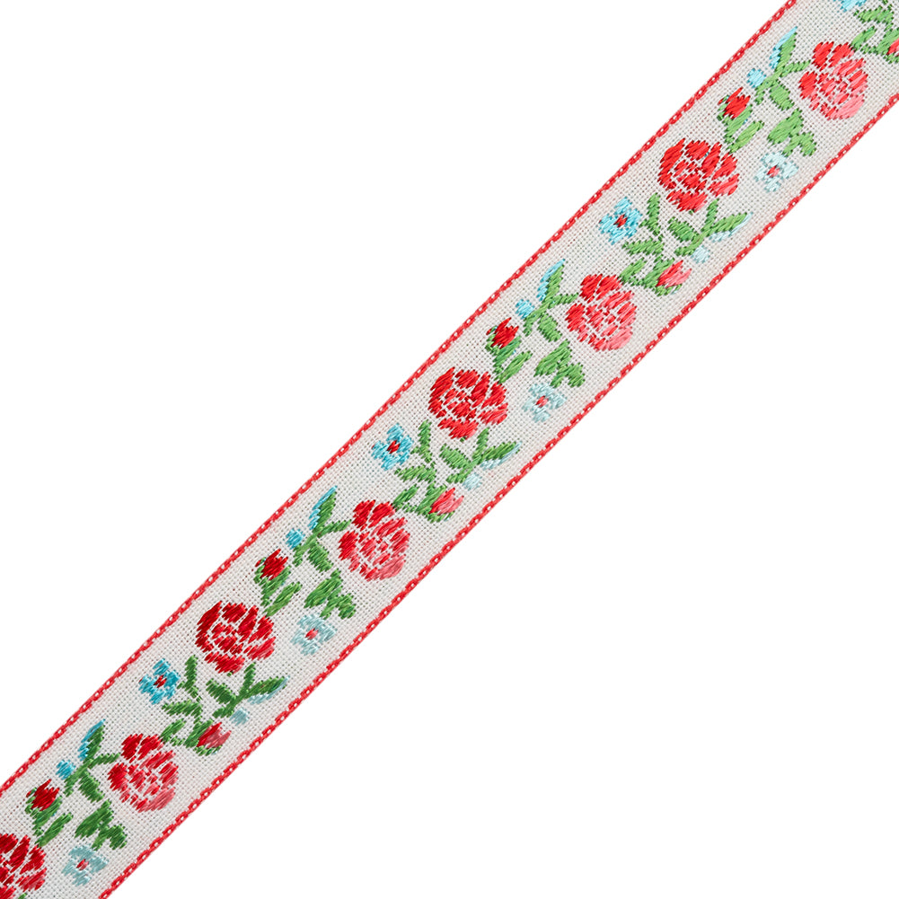 Jacquard Ribbon - 0.625" - Red, Green and Baby Blue Rose Vines - Folded