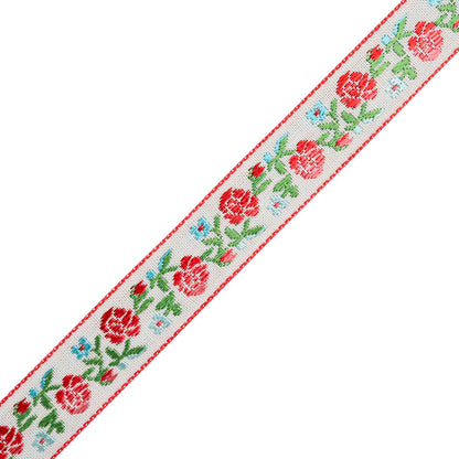 Jacquard Ribbon - 0.625" - Red, Green and Baby Blue Rose Vines