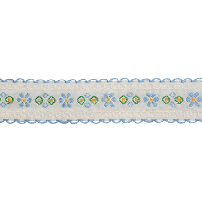 Jacquard Ribbon with Scalloped Edges - 0.875" - French Blue, White and Green Little Daisies and Dots