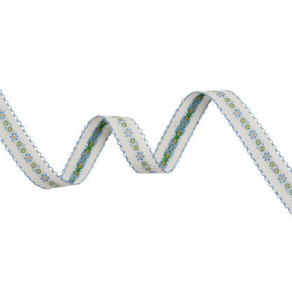 Jacquard Ribbon with Scalloped Edges - 0.875" - French Blue, White and Green Little Daisies and Dots