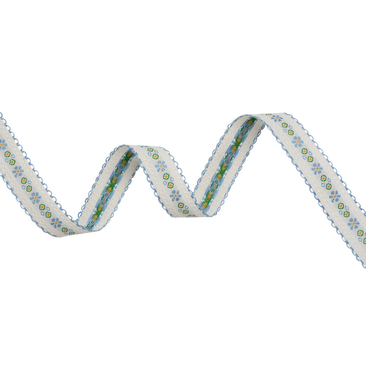 template--26688905969737__main-Jacquard Ribbon with Scalloped Edges - 0.875" - French Blue, White and Green Little Daisies and Dots
