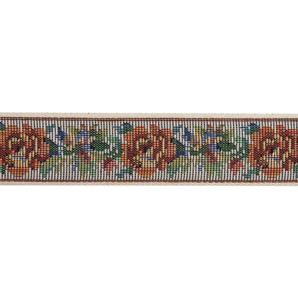 Jacquard Ribbon - 1" - White, Red and Green Rustic Roses - Folded