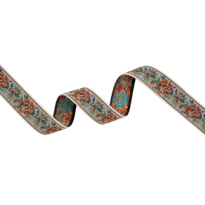 Jacquard Ribbon - 1" - White, Red and Green Rustic Roses