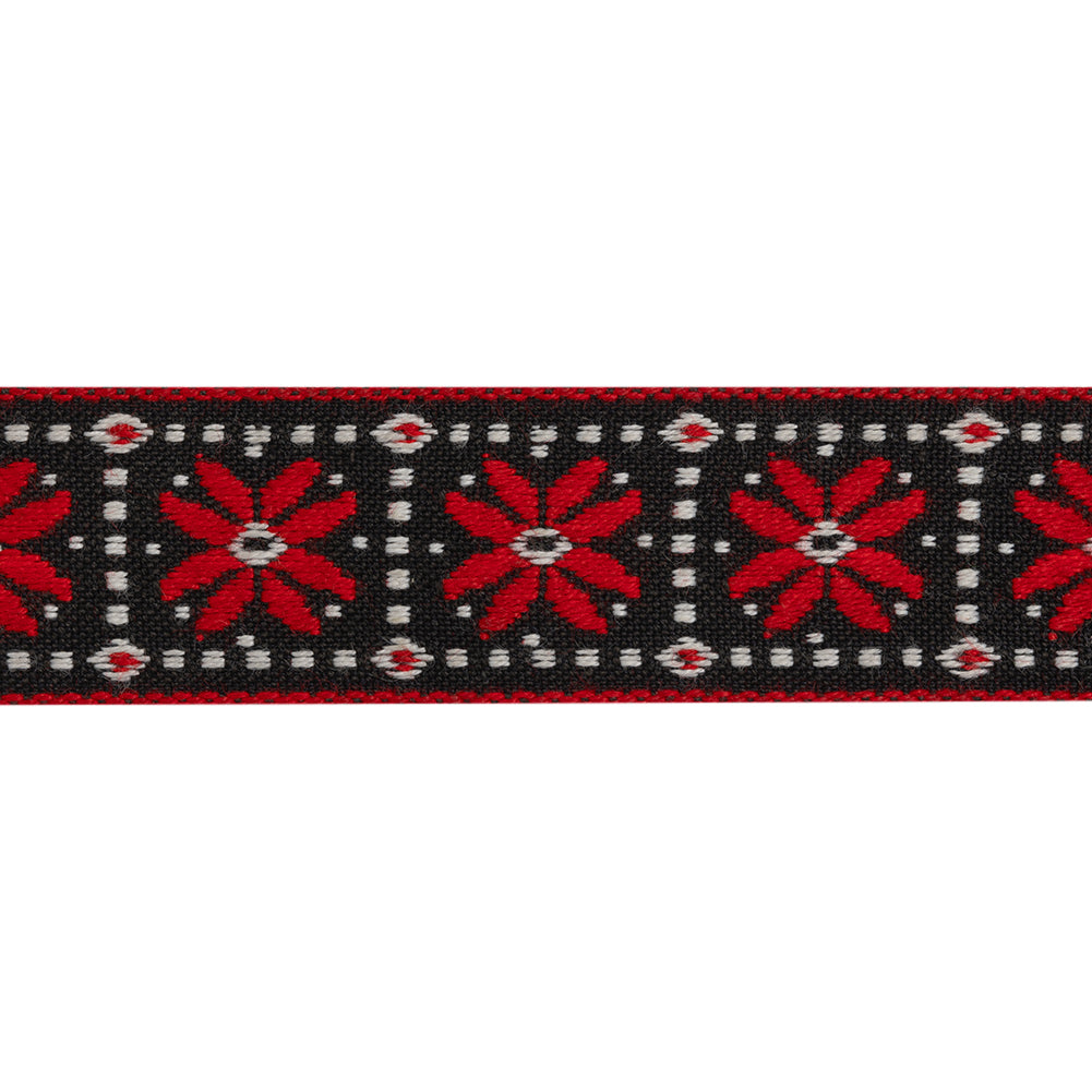 Jacquard Ribbon - 1" - Black, Red and White Flower Blocks - Folded