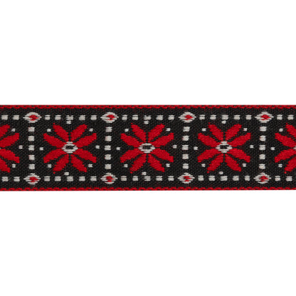 Jacquard Ribbon - 1" - Black, Red and White Flower Blocks