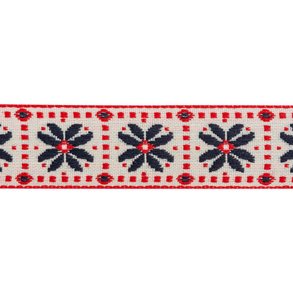 Jacquard Ribbon - 1" - Off White, Red and Navy Flower Blocks