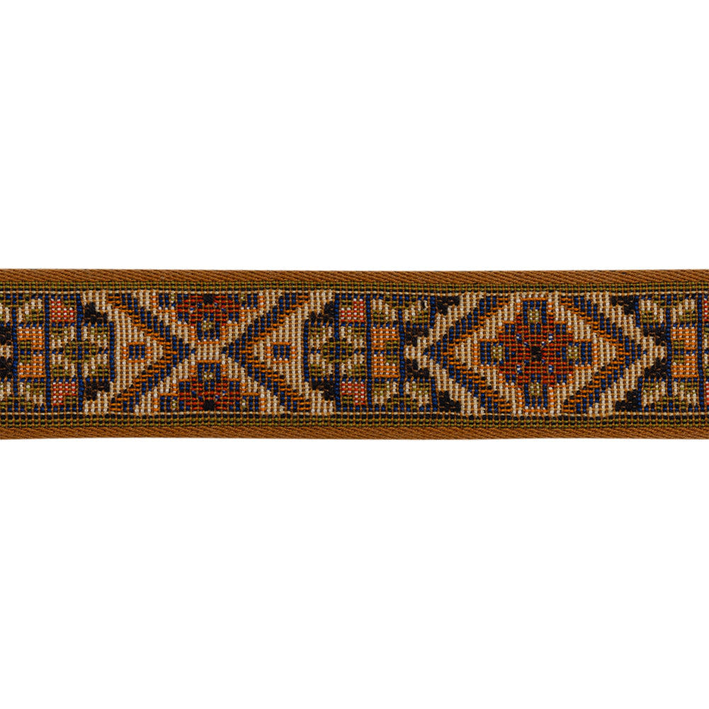 Jacquard Ribbon - 1.125" - Brown, Orange and Blue Rustic Geometrics