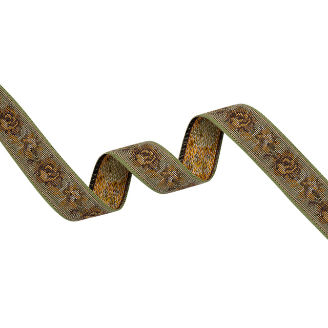 Jacquard Ribbon - 1.125" - Green, Yellow and Brown Rustic Roses