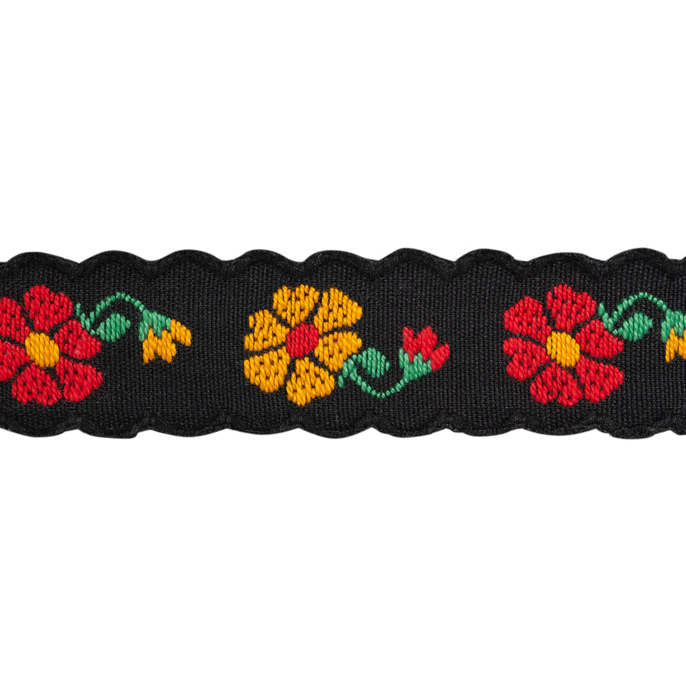 Jacquard Ribbon with Scalloped Edges - 1.125" - Black, Red and Yellow Sunny Flowers - Folded