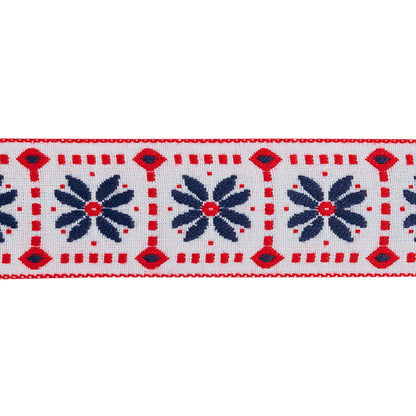 Jacquard Ribbon - 1.5" - White, Red and Navy Flower Blocks