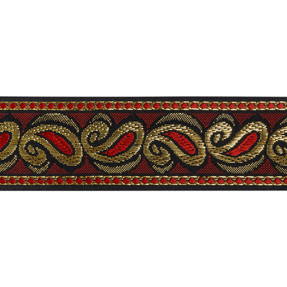 Metallic Jacquard Ribbon - 40mm - Red, Black and Gold Dancing Paisleys