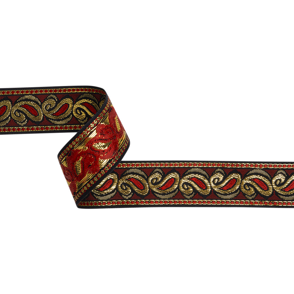 Metallic Jacquard Ribbon - 40mm - Red, Black and Gold Dancing Paisleys